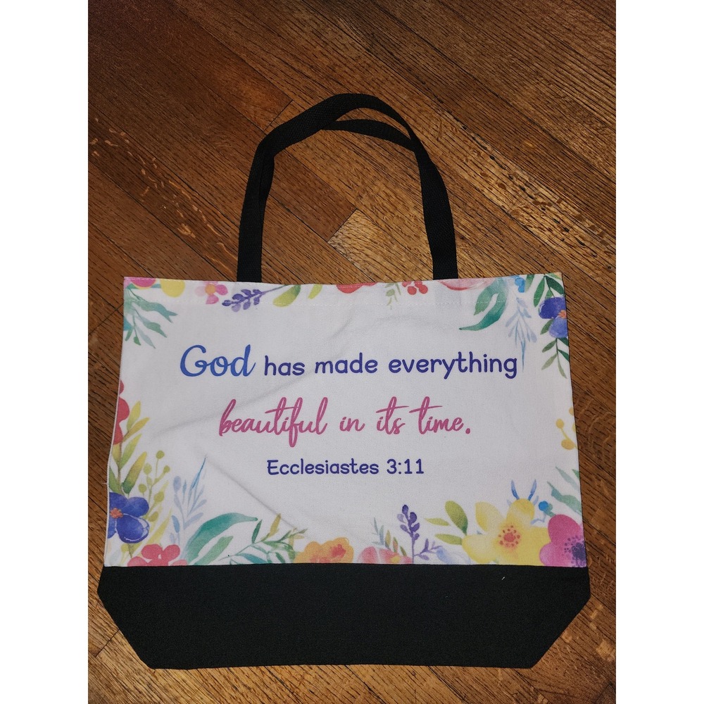 Ecclesiastes 3:11 Floral Bible Verse Canvas Tote Bag White Black Religious Gift